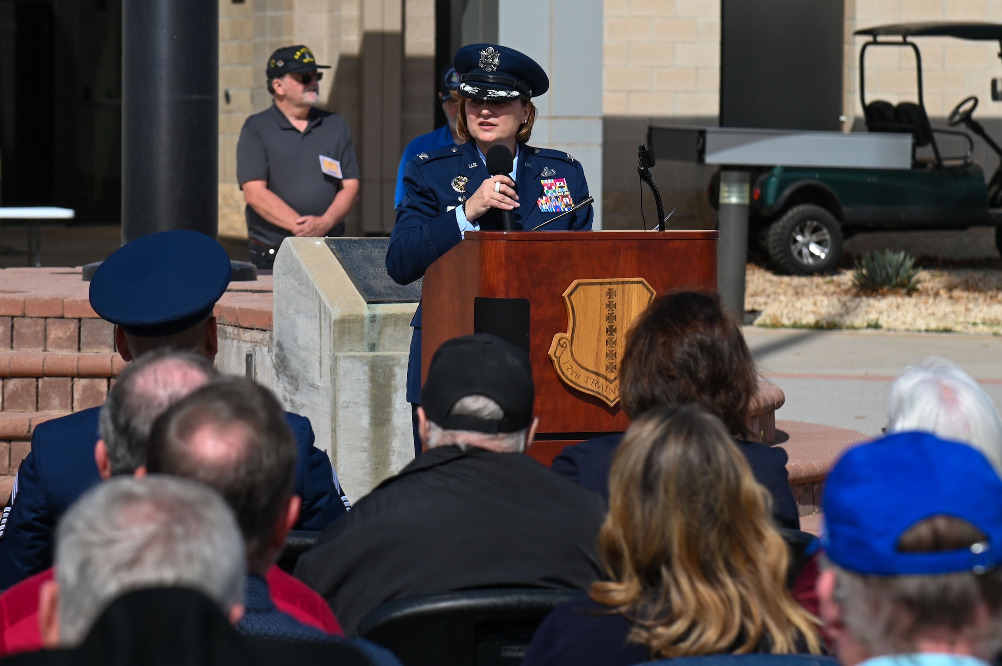 U.S. Air Force Col. Angelina Maguinness, 17th Training Wing commander, speaks at the National Vietnam War Veterans Day Commemoration Ceremony at the Weyandt-Eddy Memorial Plaza, outside the Norma Brown Headquarters building, Goodfellow Air Force Base, Texas, March 28, 2025. The Vietnam War Veterans Recognition Act of 2017 officially established National Vietnam War Veterans Day. (U.S. Air Force photo by Airman 1st Class James Salellas)