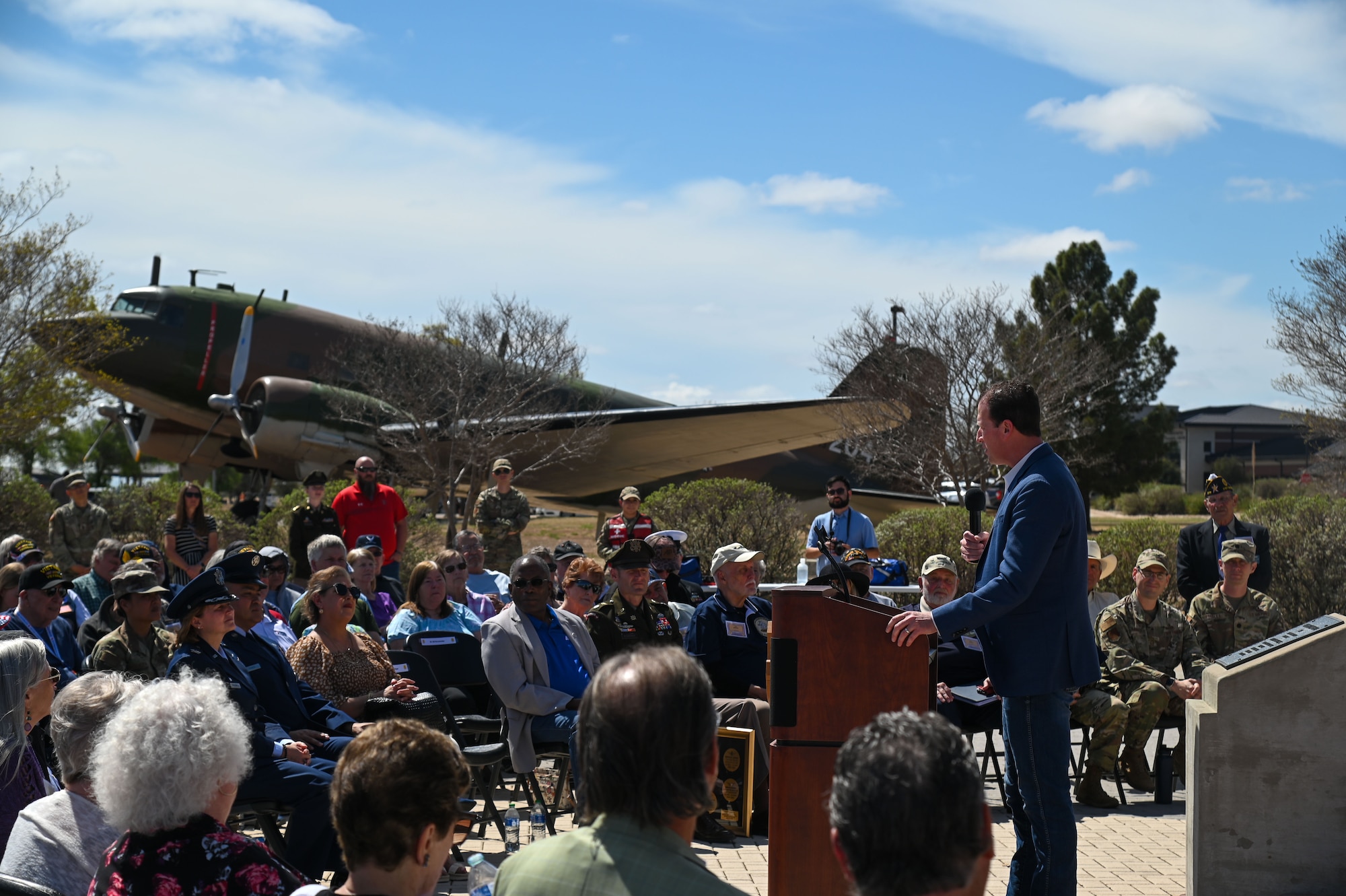 U.S. Rep. August Pfluger speaks at the National Vietnam War Veterans Day Commemoration Ceremony at the Weyandt-Eddy Memorial Plaza, outside the Norma Brown Headquarters building, Goodfellow Air Force Base, Texas, March 28, 2025. Signed into law by President Donald J. Trump, the legislation designated March 29 as a national day of remembrance to honor the service and sacrifice of Vietnam War veterans.  (U.S. Air Force photo by Airman 1st Class James Salellas)