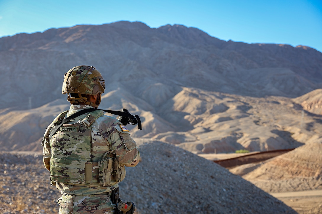 A soldier looks out at a mountainous landscape.