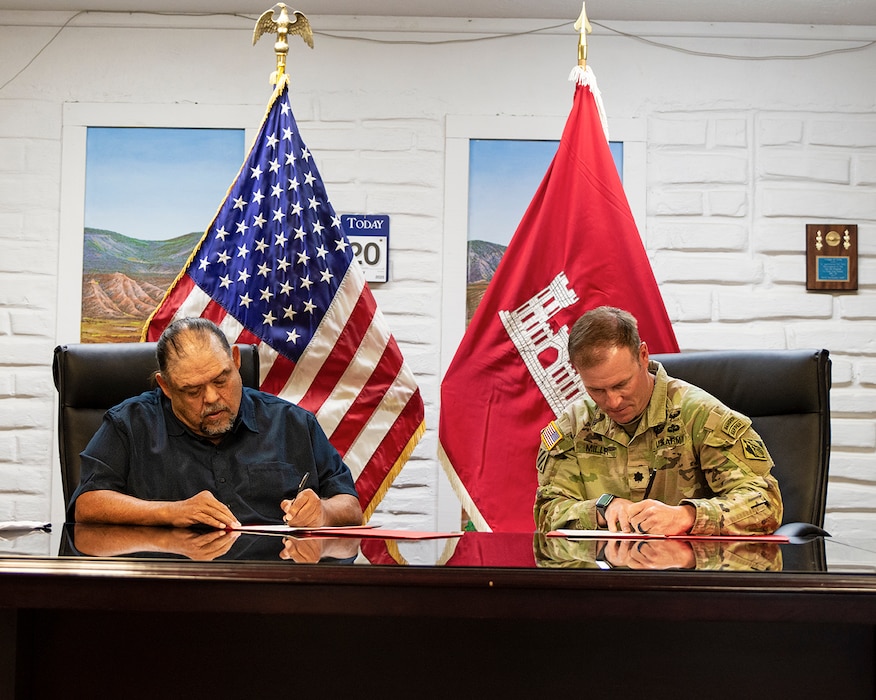 Denny Herrera, left, mayor, Village of Cuba, N.M., and Lt. Col. Matthew Miller, USACE-Albuquerque District commander, sign a project partnership agreement for a new water storage project at the Village Administrative Office, March 24, 2025.