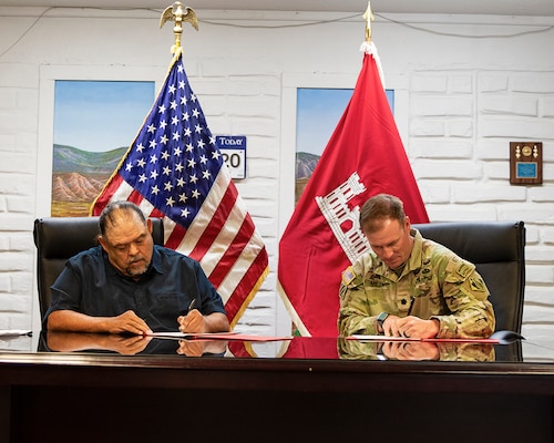 Denny Herrera, left, mayor, Village of Cuba, N.M., and Lt. Col. Matthew Miller, USACE-Albuquerque District commander, sign a project partnership agreement for a new water storage project at the Village Administrative Office, March 24, 2025.