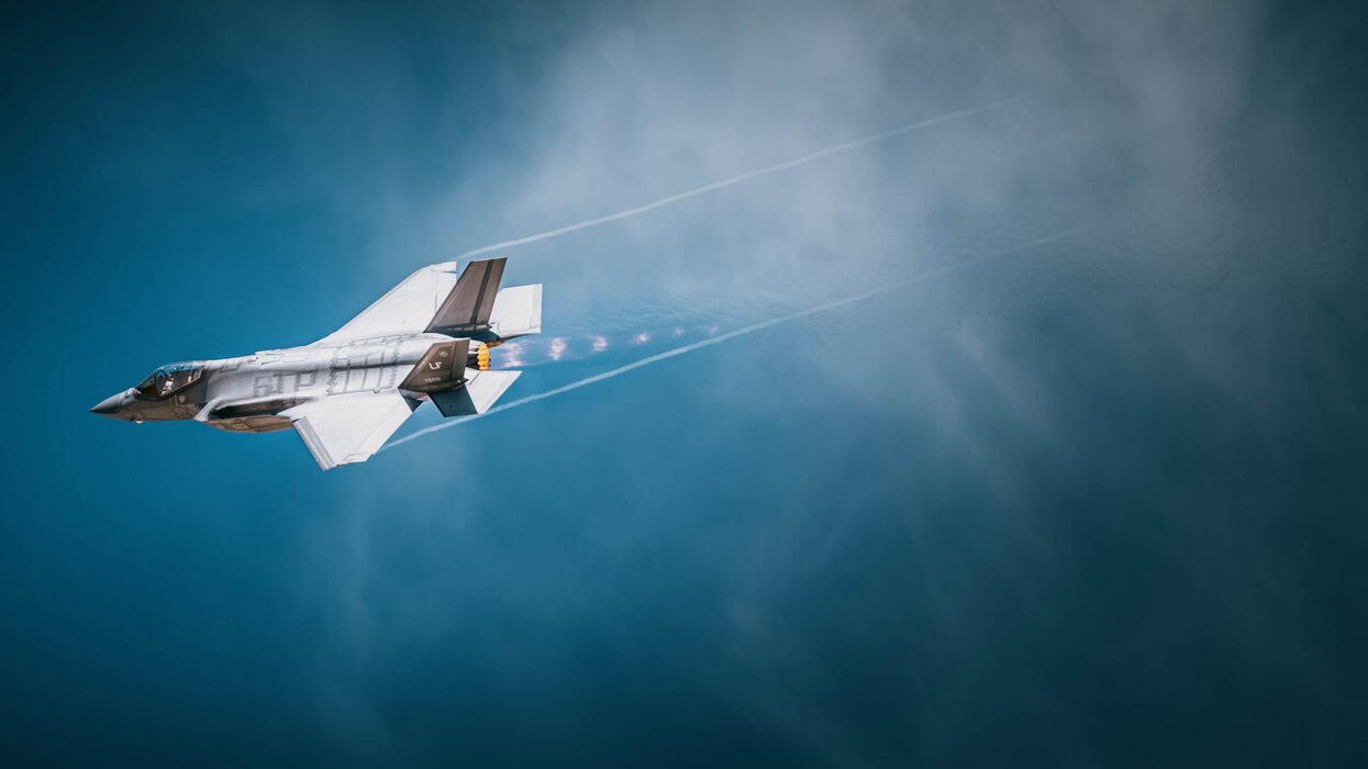 A U.S. Air Force F-35A Lightning II assigned to the 56th Fighter Wing, Luke Air Force Base, Arizona, performs a strafing run.