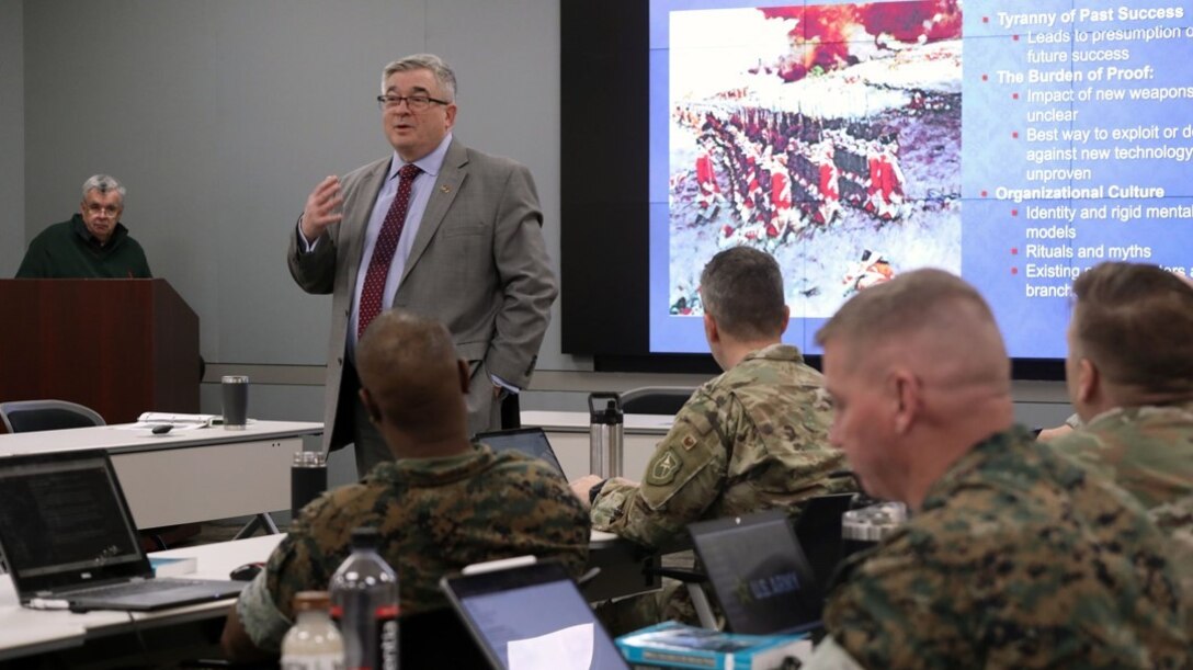 USMC War College (17 Mar 2025):  Dr. Frank G. Hoffman provides insights into military change. Dr. Hoffman is a Distinguished Research Fellow at the National Defense University, a member of the Board of Advisors at the Foreign Policy Research Institute, and a retired Marine Corps Officer with three decades of service. (Photo: Mr. Adaecus Brooks)