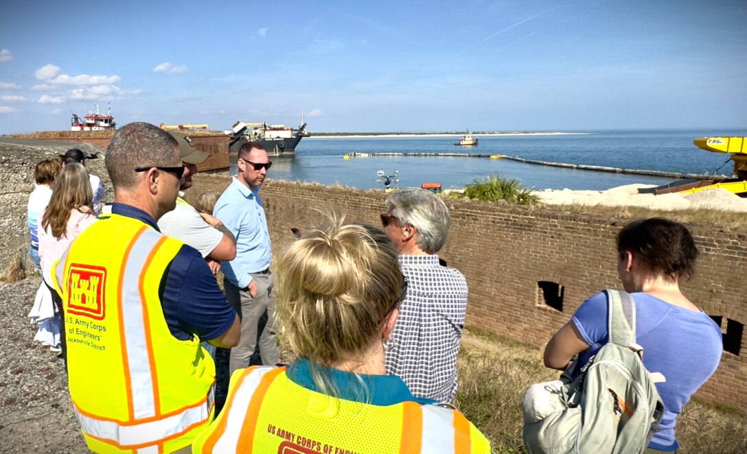 U.S. Army Corps of Engineers, Jacksonville District Project Manager, Beau Corbett, provides boots-on-the-ground tour of the Nassau County Shore Protection Project dredging area to stakeholders.