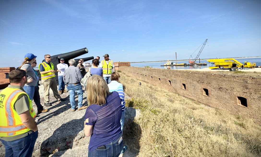 U.S. Army Corps of Engineers, Jacksonville District Project Manager, Beau Corbett, provides boots-on-the-ground tour of the Nassau County Shore Protection Project dredging area to stakeholders.