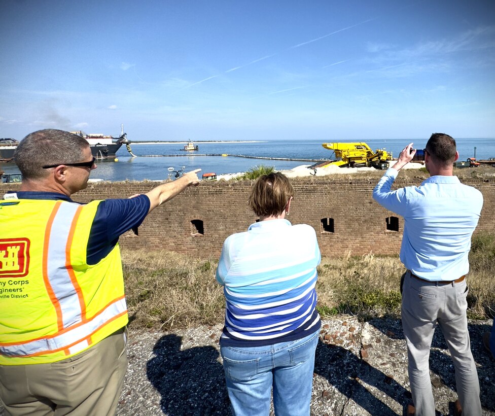 U.S. Army Corps of Engineers, Jacksonville District Project Manager, Beau Corbett, provides boots-on-the-ground tour of the Nassau County Shore Protection Project dredging area to stakeholders.