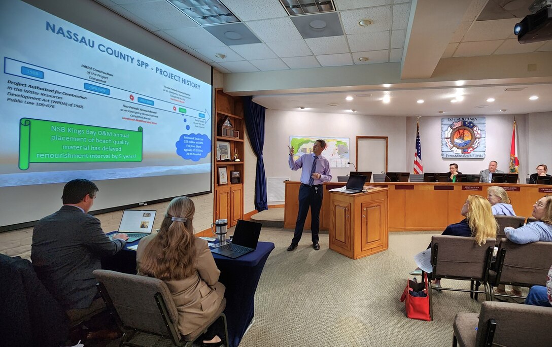U.S. Army Corps of Engineers, Jacksonville District Project Manager, explains the Nassau County Shore Protection Project to the City of Fernandina Beach Commissioners during their monthly City Commission meeting.