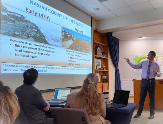 U.S. Army Corps of Engineers, Jacksonville District Project Manager, explains the Nassau County Shore Protection Project to the City of Fernandina Beach Commissioners during their monthly City Commission meeting.