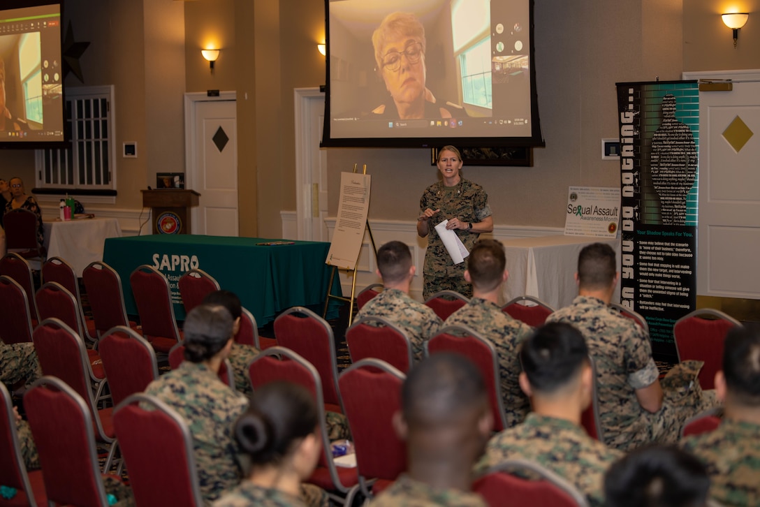 U.S. Marine Corps Col. Jenny Colegate, the base commander for Marine Corps Base Quantico, gives her remarks during a proclamation signing at MCBQ, Virginia, March 31, 2025. Base leadership and Sexual Assault Prevention and Response personnel signed the 2025 SAPR proclamation, ‘STEP FOWARD’, encouraging everyone to harness their individual and collective power to drive meaningful change in preventing and addressing sexual violence. (U.S. Marine Corps photo by Lance Cpl. Federico Marquez)