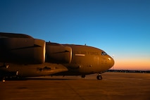 A photo of a jet on a flightline ramp.