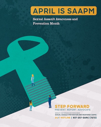 The 88th Air Base Wing at Wright-Patterson AFB recognizes April as Sexual Assault Awareness and Prevention month. This graphic was designed on March 25, 2025. The graphic is a calendar of events that the Sexual Assault Prevention and Response (SAPR) team has planned for April. The graphic uses isometric elements and highlights the color teal, which is the official color of sexual assault awareness. (U.S. Air Force graphic by Wilbur Wood)