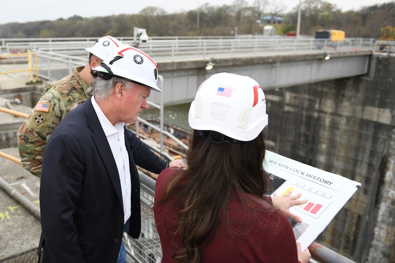 Megan Simpson (right), U.S. Army Corps of Engineers Nashville District Maintenance Section chief, briefs Rep. Mike Collins of Georgia’s 10th Congressional District on ongoing repair operations at Wilson Lock in Florence, Alabama March 28, 2025. (USACE Photo by Noe Gonzalez)