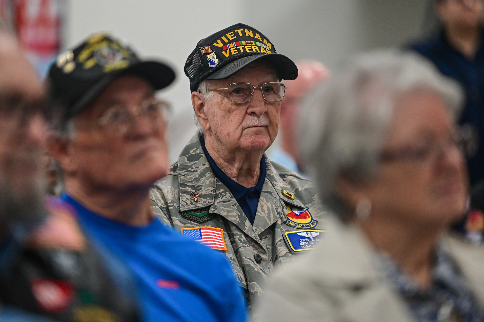 A Vietnam War veteran attends a Vietnam War veterans pinning ceremony at Little Rock Air Force Base, Arkansas, March 29, 2025. During the ceremony, installation leadership honored the service of Vietnam War veterans and presented them each with a commemorative lapel pin signifying their gratitude.