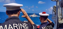 On March 22, 2025, the USCGC Frederick Hatch (WPC 1143) and the Marine Nationale, the French Navy, frigate FS Prairial (F731) crews conduct a passing exercise in Majuro Atoll’s lagoon.