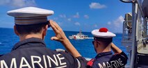 On March 22, 2025, the USCGC Frederick Hatch (WPC 1143) and the Marine Nationale, the French Navy, frigate FS Prairial (F731) crews conduct a passing exercise in Majuro Atoll’s lagoon.