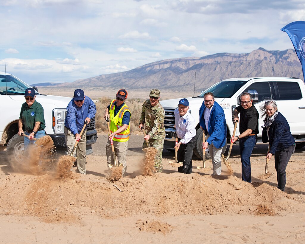 (l-r): James Fahey, Jr., mayor, Village of Corrales, N.M.; Dave Gatterman, executive engineer, SSCAFCA; Shane Meihaus, project manager, Compass Engineering; Lt. Col. Matthew Miller, commander, USACE-Albuquerque District; Ron Abramshe, board of directors, SSCAFCA; Jacob Pauley, deputy district engineer, USACE-Albuquerque District; Alex Coronel, senior project manager, HDR; and Kathleen Cates, New Mexico state representative for district 44, ceremonially turn over dirt at the project site to inaugurate the start of construction on the Tortugas Arroyo Improvements Project in Corrales, N.M., March 26, 2025.