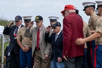 World War II 80th Reunion of Honor Veterans render a salute to honor the lives lost in the Battle of Iwo Jima during the 80th Battle of Iwo Jima Reunion of Honor Ceremony in Iwo Jima, Japan, March 29, 2025.