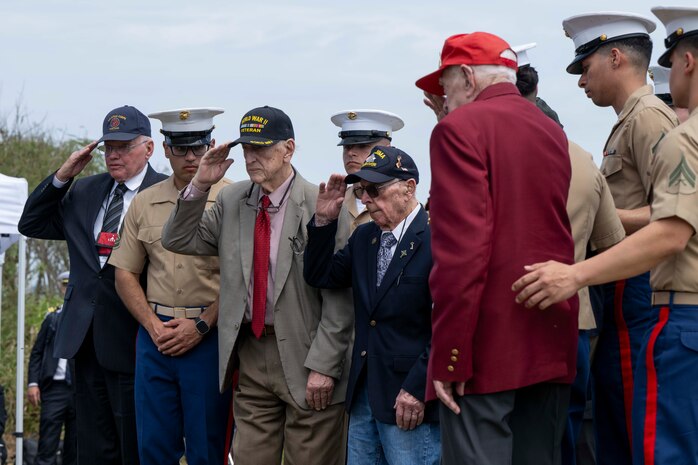 World War II 80th Reunion of Honor Veterans render a salute to honor the lives lost in the Battle of Iwo Jima during the 80th Battle of Iwo Jima Reunion of Honor Ceremony in Iwo Jima, Japan, March 29, 2025.