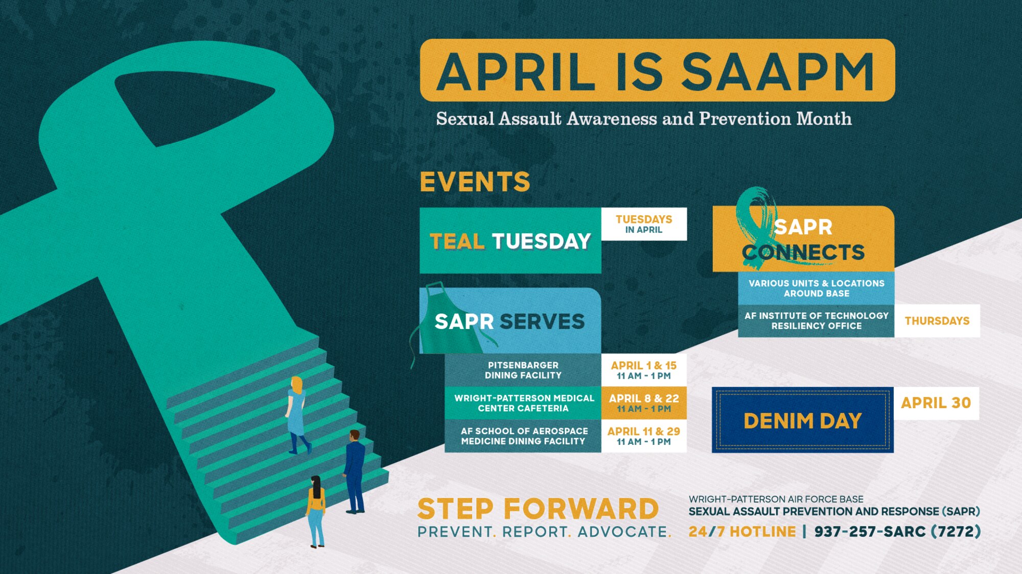The 88th Air Base Wing at Wright-Patterson AFB recognizes April as Sexual Assault Awareness and Prevention month. This graphic was designed on March 25, 2025. The graphic is a calendar of events that the Sexual Assault Prevention and Response (SAPR) team has planned for April. The graphic uses isometric elements and highlights the color teal, which is the official color of sexual assault awareness. (U.S. Air Force graphic by Wilbur Wood)