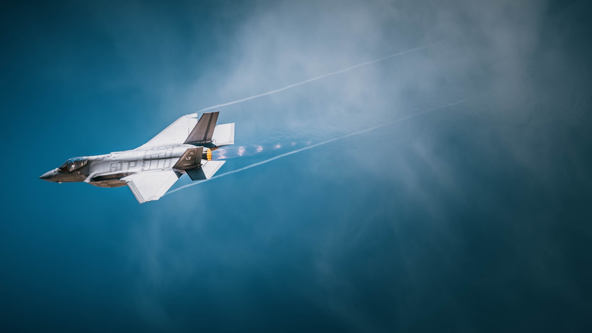 A U.S. Air Force F-35A Lightning II assigned to the 56th Fighter Wing, Luke Air Force Base, Arizona, performs a strafing run.