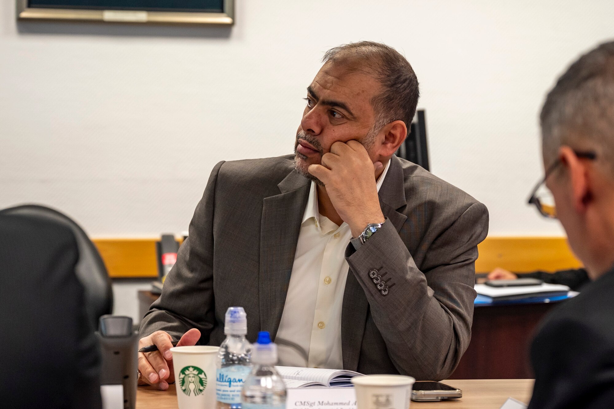 Royal Saudi Air Force Chief Master Sgt. Mohammed Alosaimi participates in a discussion on the future of international professional military education (PME) in the U.S. Central Command (CENTCOM) area of responsibility with participants of the Air Forces Central Chiefs Summit at Ramstein Air Base, Germany, Feb. 12, 2025.