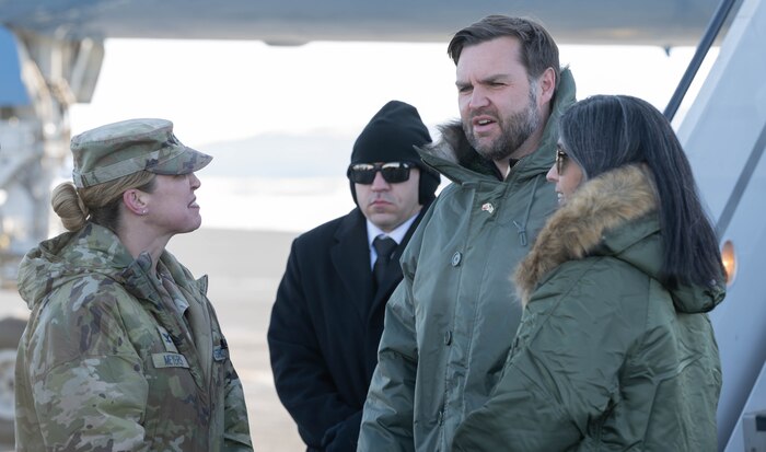 U.S. Space Force Col. Susan Meyers, 821st Space Base Group commander, left, greets Vice President JD Vance and Second Lady Usha Vance at Pituffik Space Base, Greenland, March 28, 2025. Vance was the first vice president to visit the remote base, where he received an in-depth brief of the missions and importance to national defense. (U.S. Space Force photo by Staff Sgt. Jaime Sanchez)
