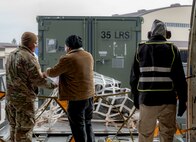U.S. Air Force Tech. Sgt. Adrian Diaz, 35th Logistics Readiness Squadron (LRS) air transportation function non-commissioned officer in charge, oversees the cargo load process in preparation of Balikatan 25 at Misawa Air Base, Japan, April 1, 2025. By coordinating and executing logistical operations, the 35th LRS sustains Misawa AB's mission readiness and strengthens regional interoperability. (U.S. Air Force photo by Senior Airman Brittany Russell)