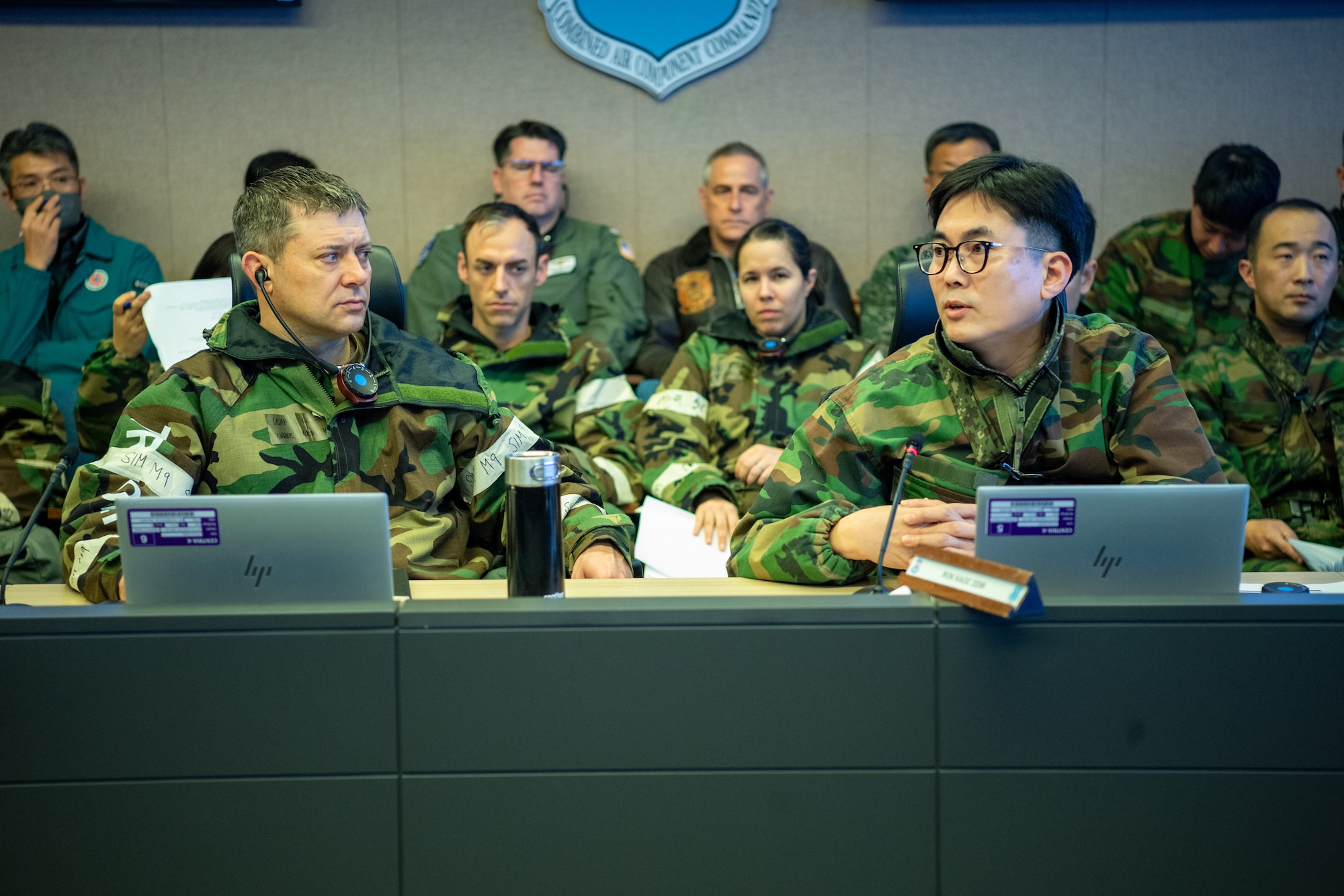 U.S. and Republic of Korea air component leaders hold a current update briefing during Freedom Shield 25