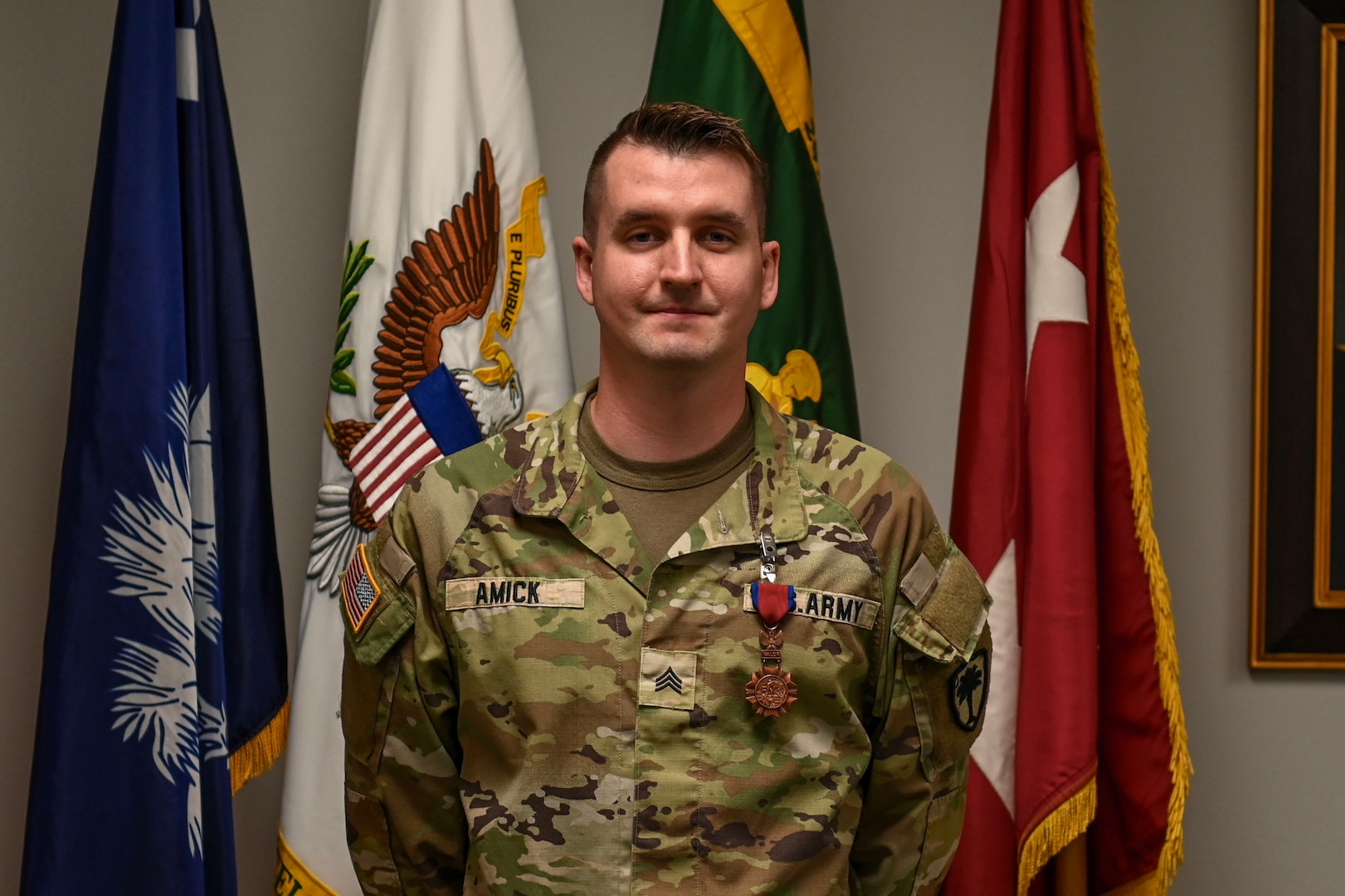 Sgt. Anthony Amick, 59th Troop Command, was awarded the Medal of Valor for his extraordinary bravery and selfless actions during a devastating multi-car accident on July 1st, 2021.