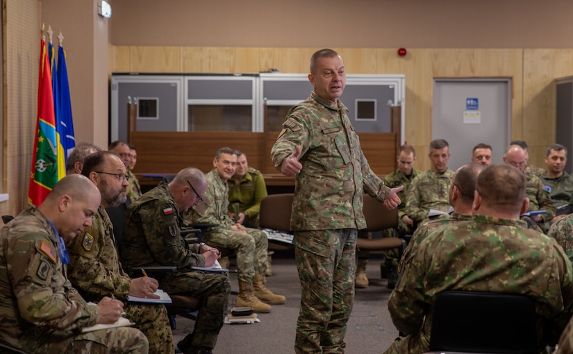 Romanian Army Lt. Gen. Cristian-Daniel Dan, commander of the Headquarters Multinational Corps South-East (MNC-SE), participates in a multinational leader meeting during Loyal Leda 25 in Sibiu, Romania, March 8, 2025. Loyal Leda 25, with the support of V Corps, trains and prepares the Headquarters Multinational Corps South-East, NATO Rapid Deployable Corps-Türkiye and NATO Rapid Deployable Corps - Greece in planning for and conducting an Article 5 (collective defense) major joint operation. V Corps continues to develop its warfighting capabilities with NATO allies and partners through realistic scenarios designed to create strategic flexibility. (U.S. Army photo by Spc. Rayonne Bissant)