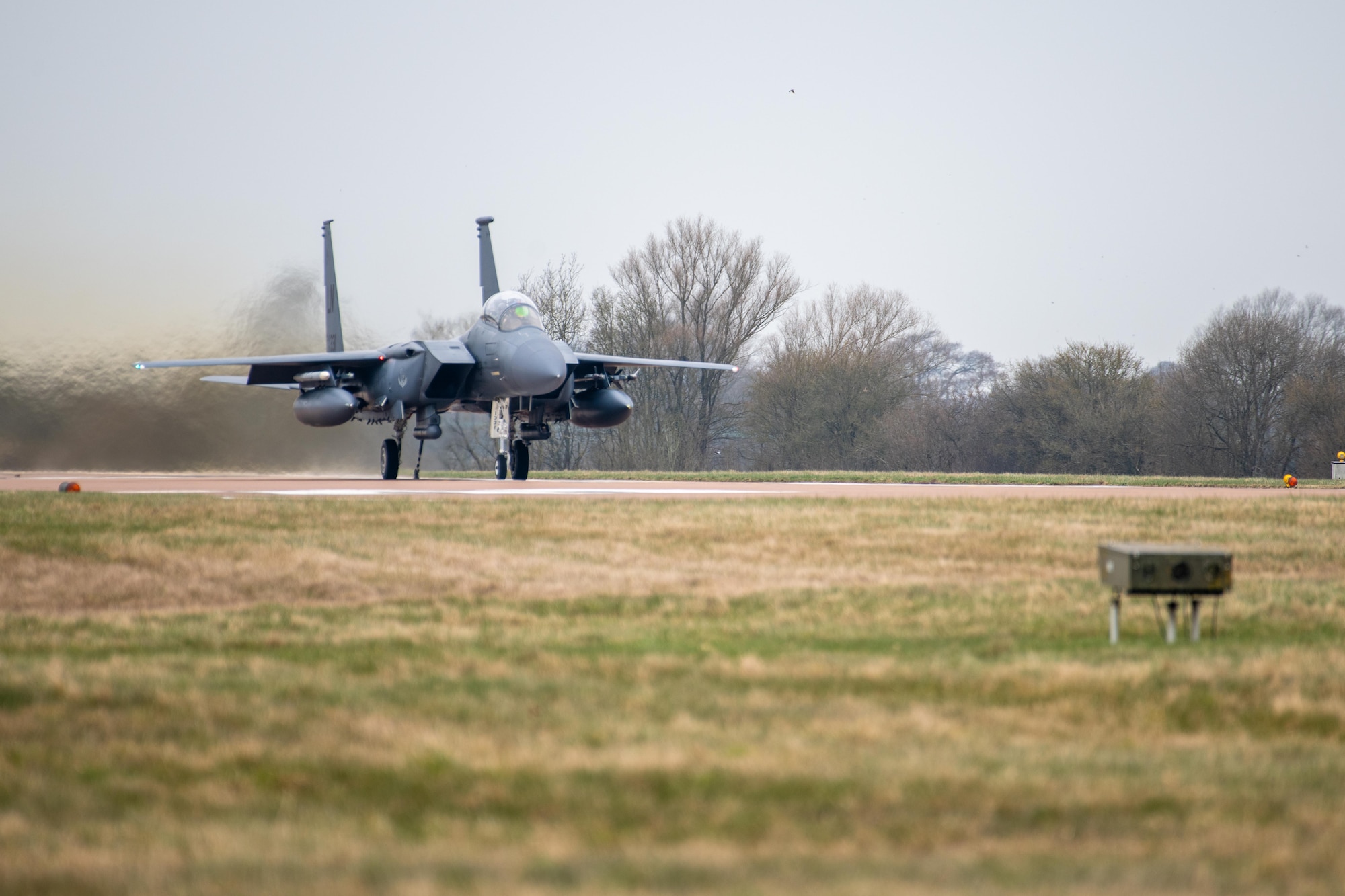 A F-15E Strike Eagle prepares to test a Mobile Aircraft Arresting System