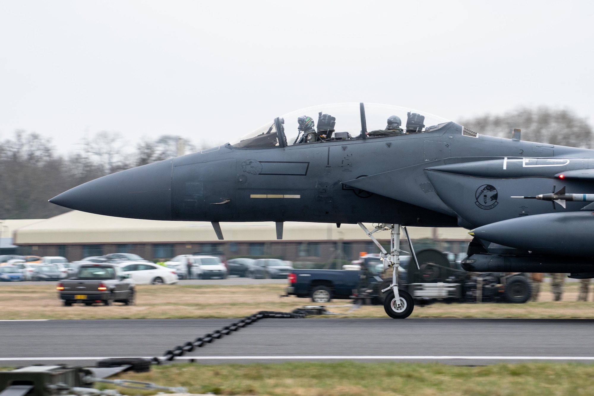 A F-15E Strike Eagle prepares to test a Mobile Aircraft Arresting System