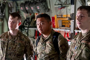 University of Wyoming U.S. Air Force Reserve Officers Training Course cadets learn about the HC-130J Combat King II aircraft during a tour at Davis-Monthan Air Force Base, Arizona, April 1, 2025. Cadets were given the opportunity to explore various aircraft, gaining insights into their functionality and the vital role they play in supporting the Air Force's mission. (U.S. Air Force photo by Airman Samantha Melecio)