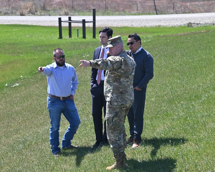 Tony Mendolia and Col. Calvin Kroeger brief Congressman Brandon Gill on the ongoing improvements to the Lewisville Lake dam safety modifications. The work is meant to provide safety measures and valuable upgrades to the spillway. Pictured left to right is Tony Mendolia, program manager for the project, Congressman Brandon Gill (TX-26), Marcos Gaitan, supervisory civil engineer for the project, and Fort Worth District Commander, Col. Calvin Kroeger.
