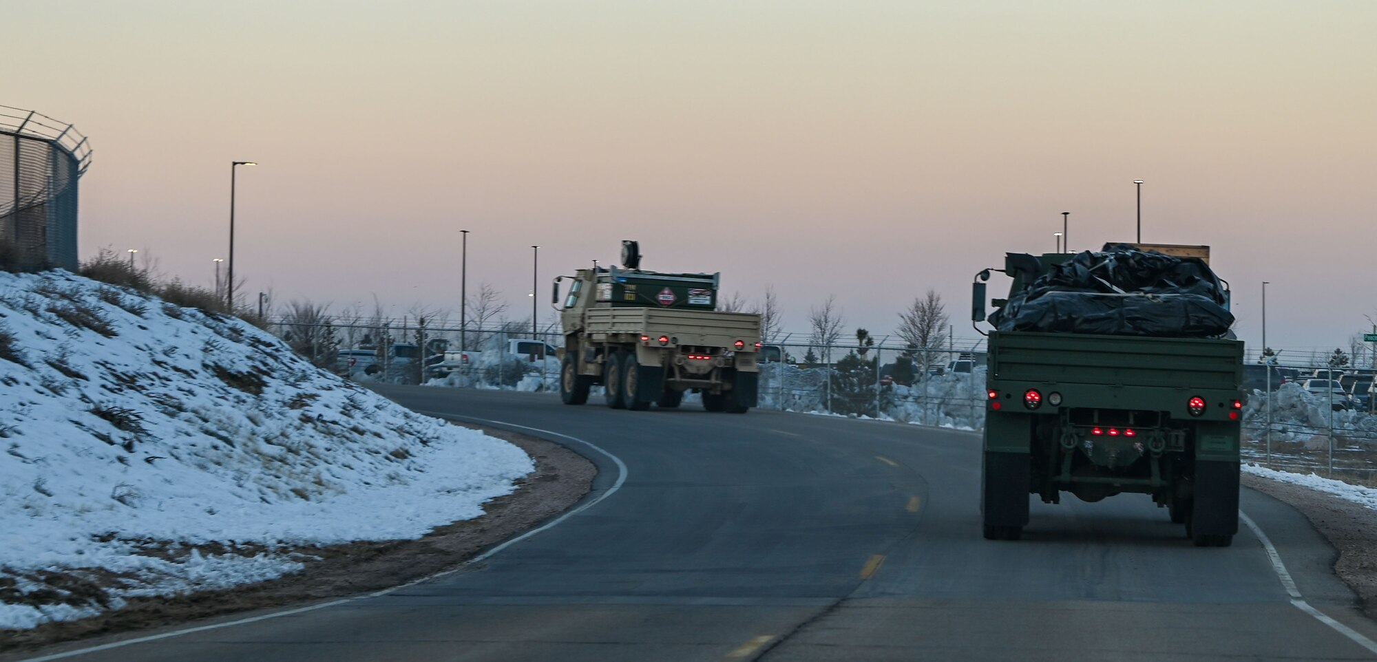 A convoy of vehicles from the 729th Air Control Squadron departs Hill Air Force Base, Utah, Jan. 15, 2025. The movement was part of a training inspection ahead of Red Flag 25-1.
(U.S. Air Force photo by Garrett N. Cole)
