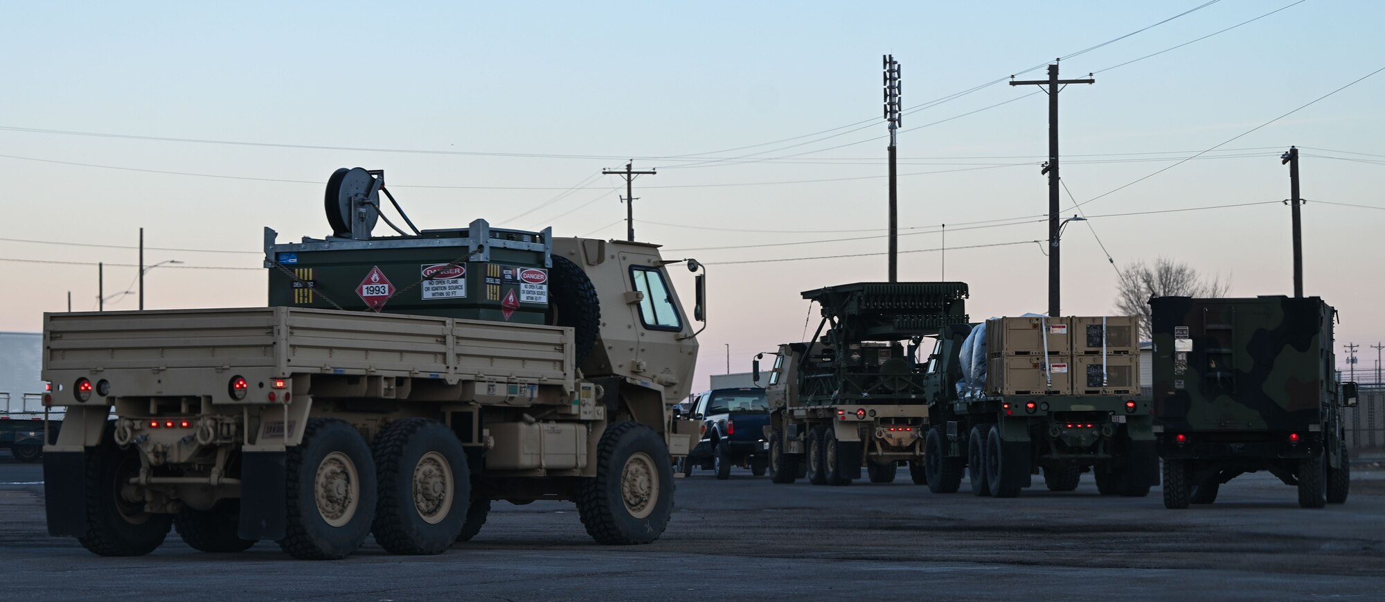 A convoy of vehicles from the 729th Air Control Squadron departs Hill Air Force Base, Utah, Jan. 15, 2025. The movement was part of a training inspection ahead of Red Flag 25-1.
(U.S. Air Force photo by Garrett N. Cole)