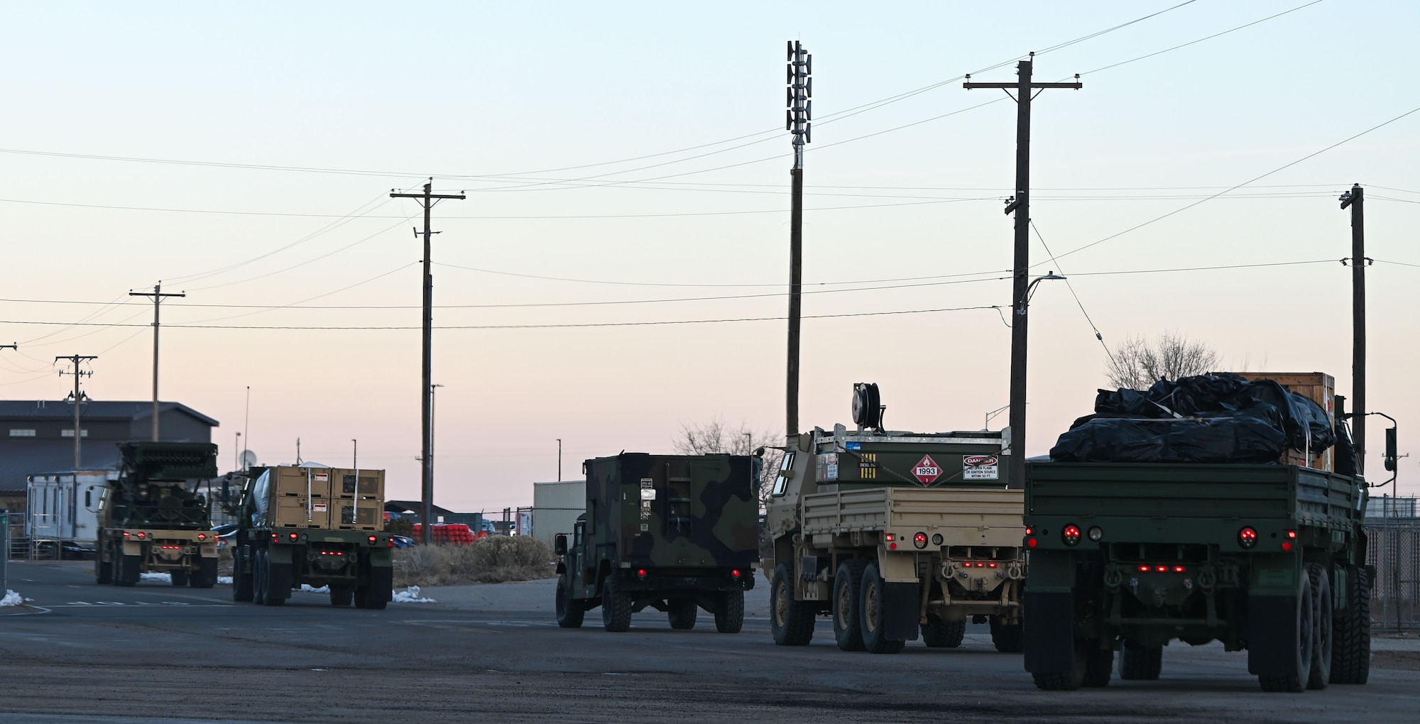 A convoy of vehicles from the 729th Air Control Squadron departs Hill Air Force Base, Utah, Jan. 15, 2025. The movement was part of a training inspection ahead of Red Flag 25-1.
(U.S. Air Force photo by Garrett N. Cole)
