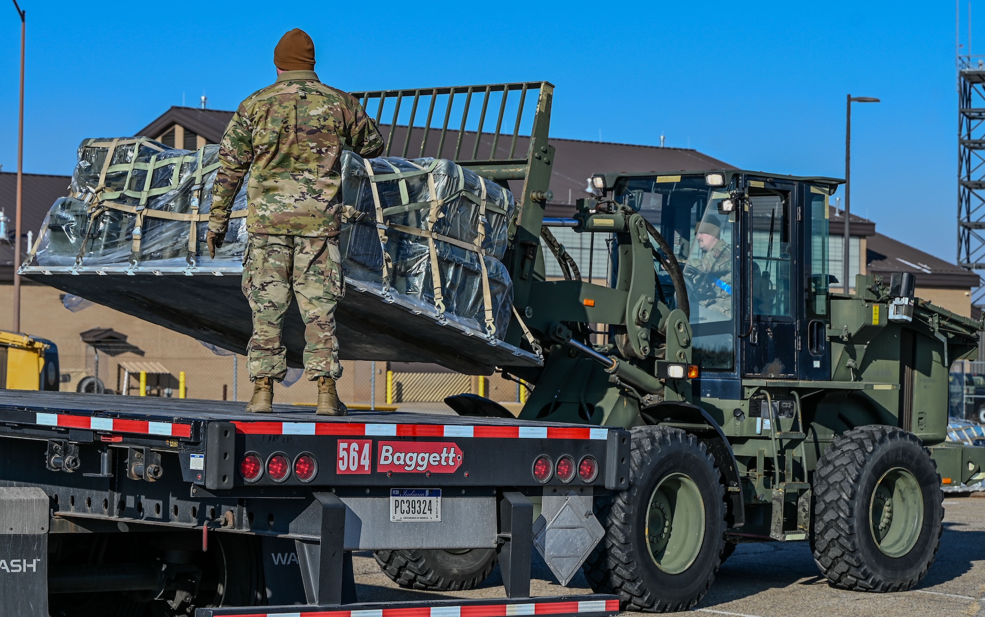 An Airman operates a forklift to move deployment gear during an exercise at Hill Air Force Base, Utah, Jan. 16, 2025. The equipment was staged for transport ahead of Red Flag 25-2.
(U.S. Air Force photo by Garrett N. Cole)