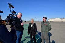 Janie Nall, BMLC president, and Lt Col Demo Beale Air & Space Expo director interview with local media at Beale Air Force Base, California, during a media day, April 2, 2025.