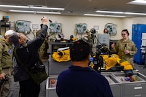 Local media, major news outlets, and aviation influencers receive a pressure suit demonstration during a media day at Beale Air Force Base, California, April 2, 2025.