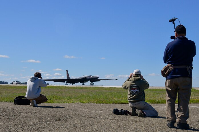 Local media, major news outlets, and aviation influencers document a U-2 Dragon Lady at Beale Air Force Base, California, during a media day, April 2, 2025.