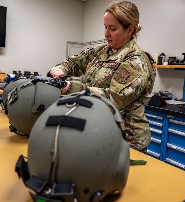 Tech. Sgt. Bonnie Buckelew conducted a 180-day inspection on the 56P helmets