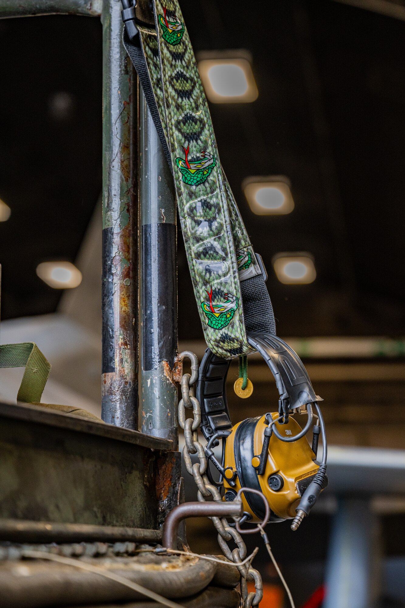 Ear protection and belt on a stand