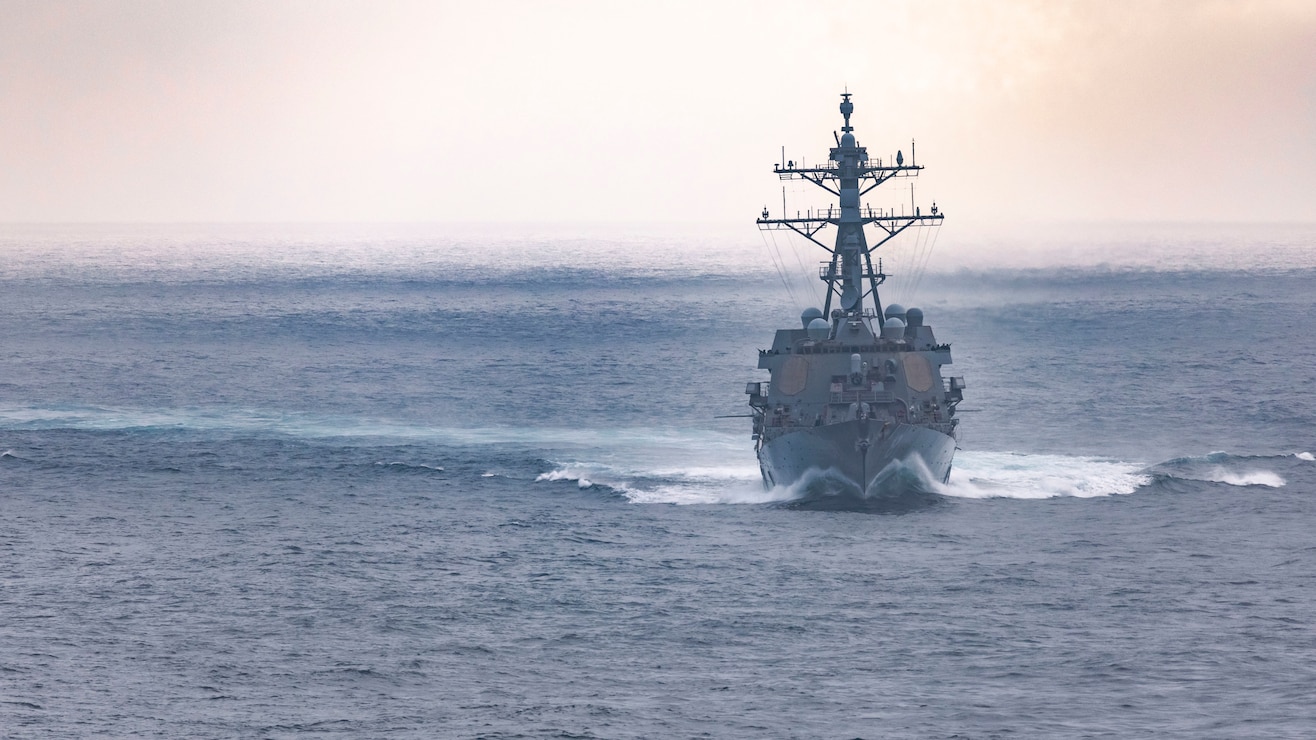 The Arleigh Burke-class guided-missile destroyer USS Winston S. Churchill (DDG 81), transits the Atlantic Ocean with the world's largest aircraft carrier, USS Gerald R. Ford (CVN 78), March 31, 2025.