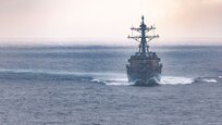The Arleigh Burke-class guided-missile destroyer USS Winston S. Churchill (DDG 81), transits the Atlantic Ocean with the world's largest aircraft carrier, USS Gerald R. Ford (CVN 78), March 31, 2025.