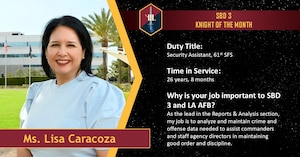 Ms. Lisa Caracoza stands outside in a light blue blouse and smiles at the camera. The text in the graphic states that she is a security assistant in the 61st Security Forces Squadron. She has been working in the civil service for over 26 years. She has been awarded April Knight of the Month.