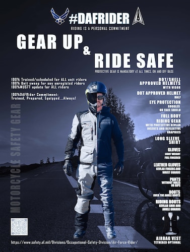 Gear up and ride safe graphic from Air Force Safety Center, Airman wearing motorcycle gear.