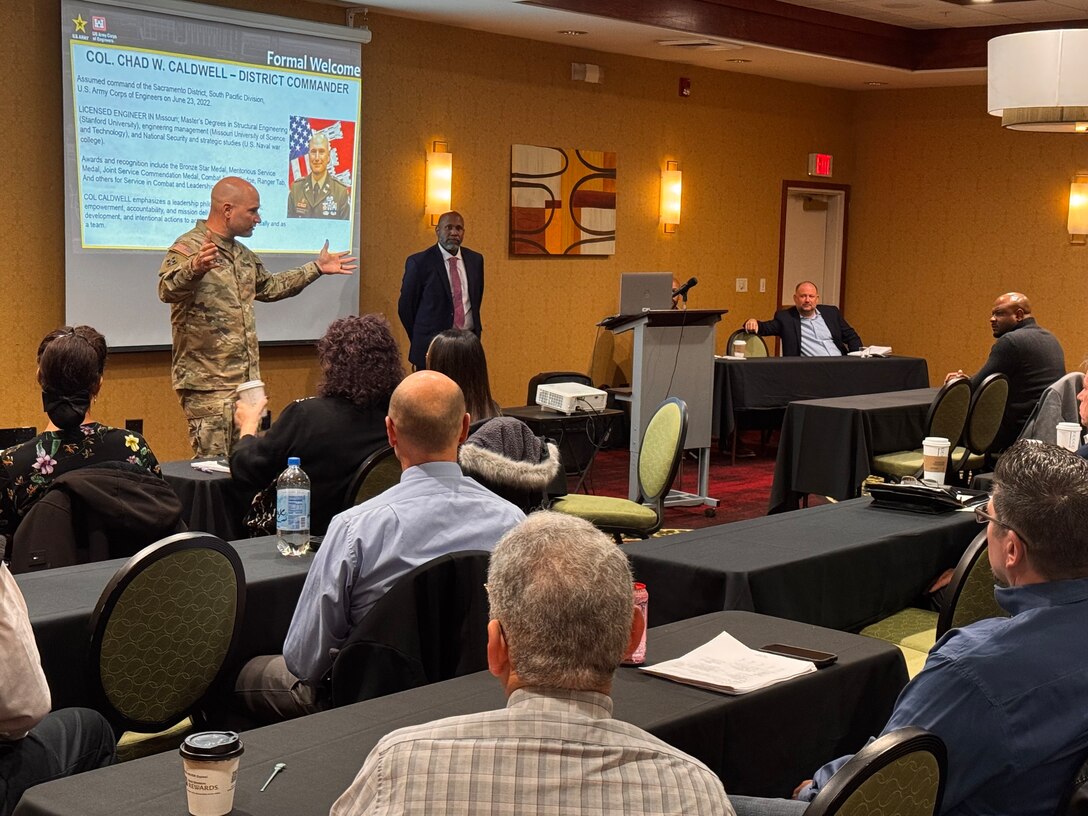 Colonel Chad Caldwell, USACE Sacramento District commander, delivers opening remarks to 22 construction firms during the first-ever Utah Industry Day on March 4, 2025.