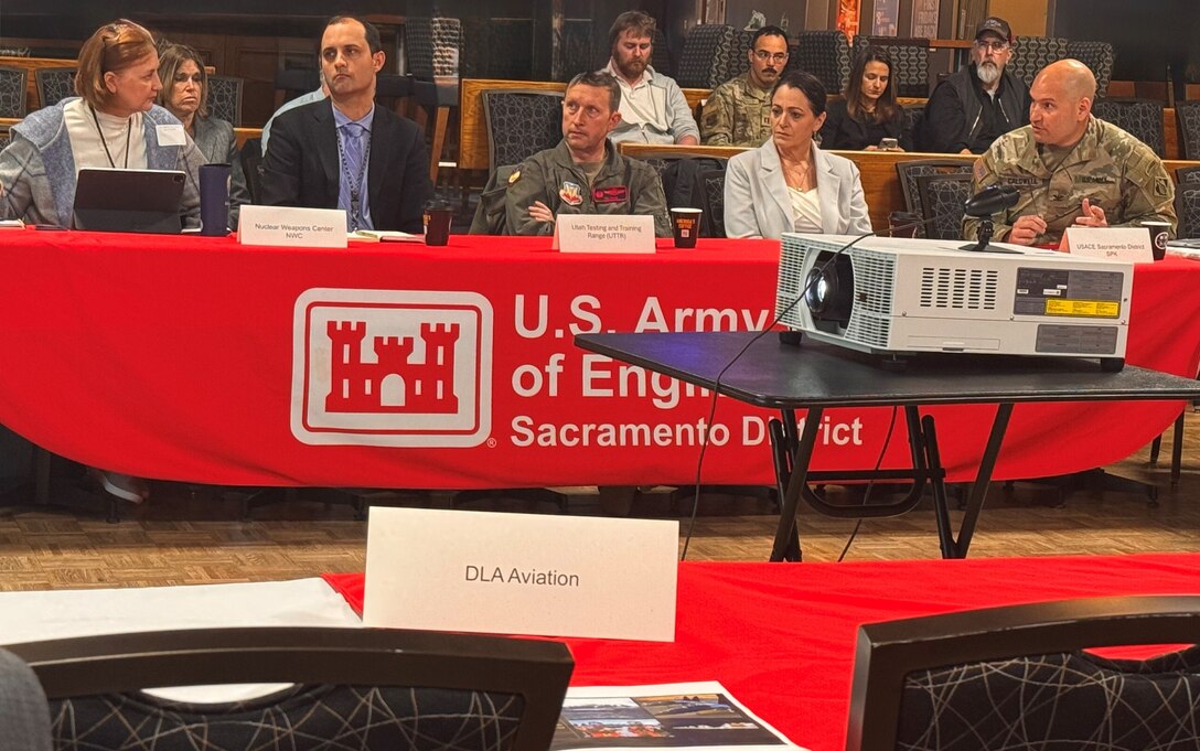 Angela Micheal, director of staff for the ICBM Systems Directorate, Thor Kooda, Sentinel Military Construction section chief, Col. Thomas Hayes, commander of the Utah Testing and Training Range, Beth Salyers, USACE Sacramento District deputy district engineer, and Col. Chad Caldwell, USACE Sacramento District commander, participate in a panel discussion about military construction and the sustainment, restoration and modernization program at the second annual Stakeholder Meeting at Hill AFB on March 6, 2025.