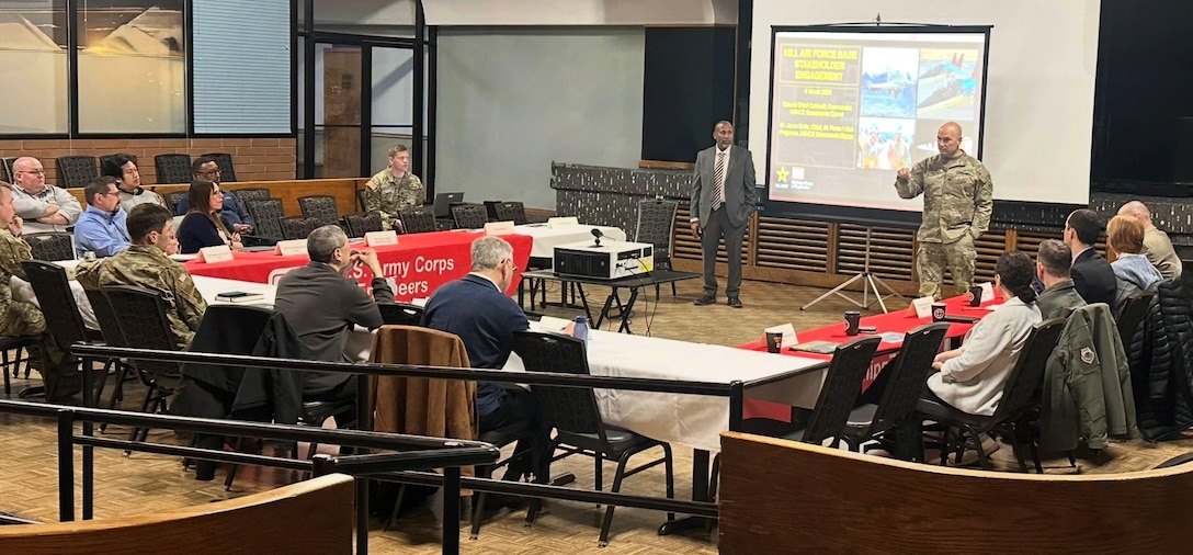 Col. Chad Caldwell, Sacramento District commander, USACE, delivers opening remarks to unit leaders at Hill Air Force Base at the second annual Stakeholder Meeting on March 6, 2025.